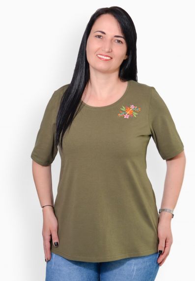 Tricou kaki inchis cu flori de primavara colorate, maneca medie