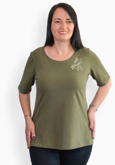 Tricou kaki inchis cu fluturas crem, maneca medie