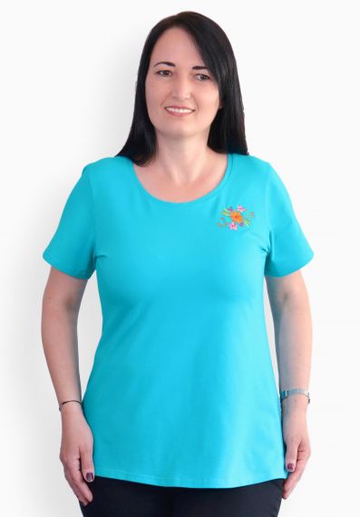 Tricou turcoaz cu flori de primavara colorate, maneca scurta
