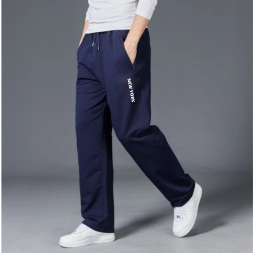 Pantaloni bumbac flausat bleumarin, New York, cu alb