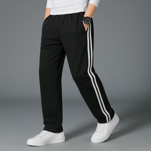 Pantaloni trening negri, cu doua dungi albe