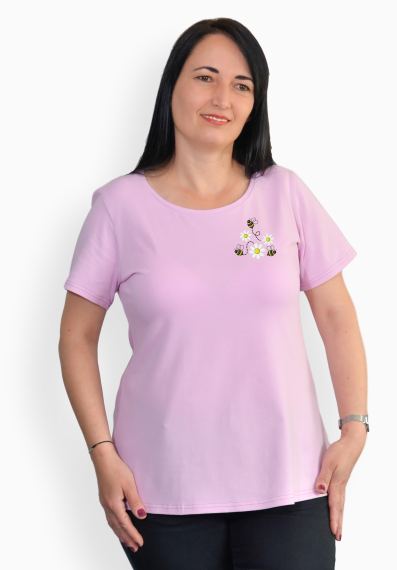 Tricou mov deschis cu margarete si albinute, maneca scurta