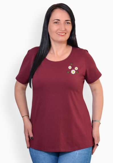 Tricou visiniu cu margarete si albinute, maneca scurta