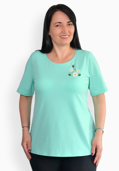 Tricou aquamarin cu margarete si albinute, maneca medie
