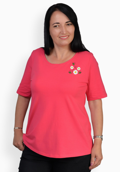 Tricou rosu zmeuriu cu margarete si albinute, maneca medie