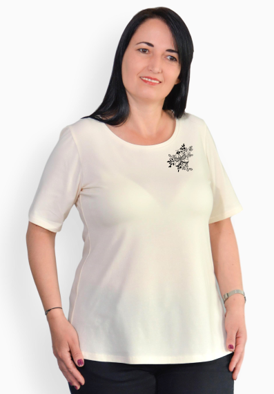 Tricou crem cu fluturas negru, maneca medie