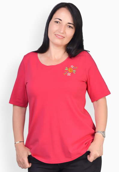 Tricou rosu zmeuriu cu flori de primavara colorate, maneca medie