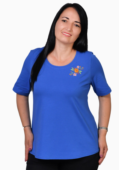 Tricou albastru inchis cu flori de primavara colorate, maneca medie