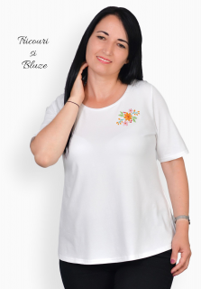 Tricou alb cu flori de primavara colorate, maneca medie