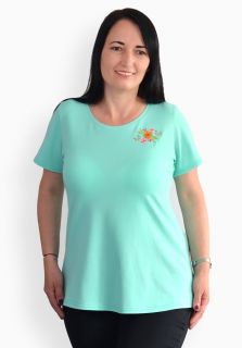 Tricou aquamarin cu flori de primavara colorate, maneca scurta