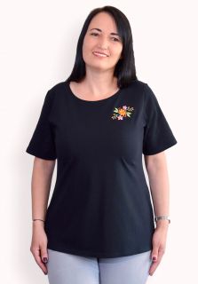 Tricou negru cu flori de primavara colorate, maneca medie