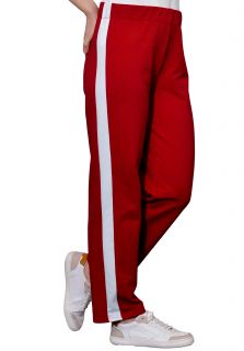 Pantaloni trening rosii, cu o dunga lata alba, fara buzunare