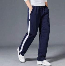 Pantaloni bumbac flausat bleumarin, cu dunga lata alba
