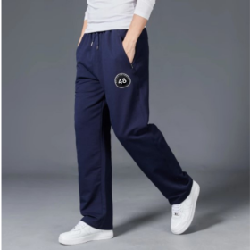 Pantaloni bumbac flausat bleumarin, cu emblema