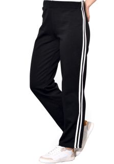 Pantaloni negri, din bumbac flausat, cu doua dungi albe, fara buzunare