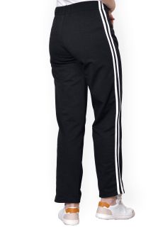 Pantaloni negri, din bumbac flausat, cu doua dungi albe, fara buzunare