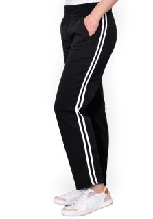 Pantaloni negri, din bumbac flausat, cu doua dungi albe, si cu buzunare