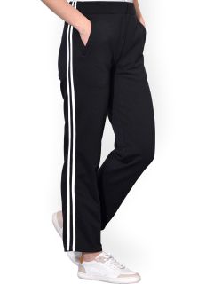 Pantaloni negri, din bumbac flausat, cu doua dungi albe, si cu buzunare