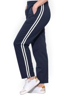 Pantaloni bleumarin, din bumbac flausat, cu doua dungi albe, si cu buzunare