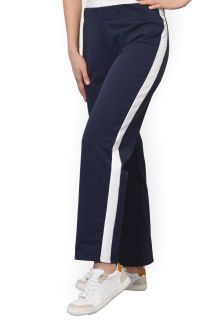 Pantaloni bleumarin, din bumbac flausat, cu o dunga lata alba, fara buzunare