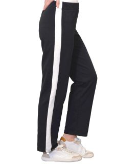 Pantaloni negri, din bumbac flausat, cu o dunga lata alba, fara buzunare