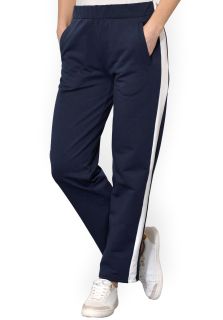 Pantaloni bleumarin, din bumbac flausat, cu o dunga lata alba, si cu buzunare