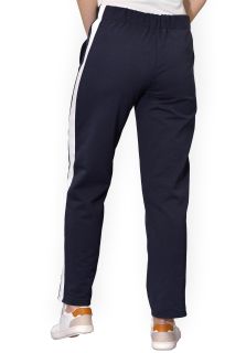 Pantaloni bleumarin, din bumbac flausat, cu o dunga lata alba, si cu buzunare