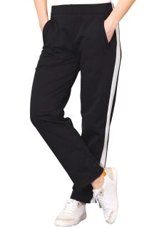 Pantaloni negri, din bumbac flausat, cu o dunga lata alba, si cu buzunare