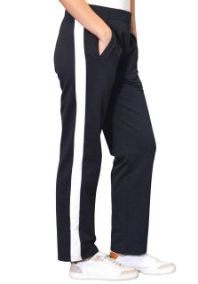 Pantaloni negri, din bumbac flausat, cu o dunga lata alba, si cu buzunare