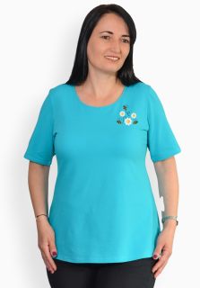 Tricou turcoaz cu margarete si albinute, maneca medie