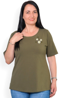 Tricou kaki inchis cu margarete si albinute, maneca medie