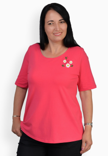 Tricou rosu zmeuriu cu margarete si albinute, maneca medie