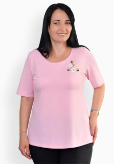 Tricou roz deschis cu margarete si albinute, maneca medie