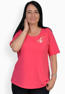 Tricou rosu zmeuriu cu margarete delicate, maneca medie