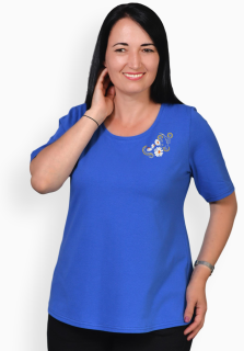 Tricou albastru inchis cu margarete delicate, maneca medie