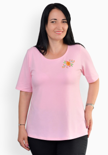 Tricou roz deschis cu flori de primavara colorate, maneca medie